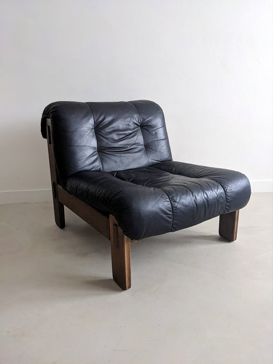 Brutalist Black Leather Lounge Chair 1960's. Sixties vintage design.