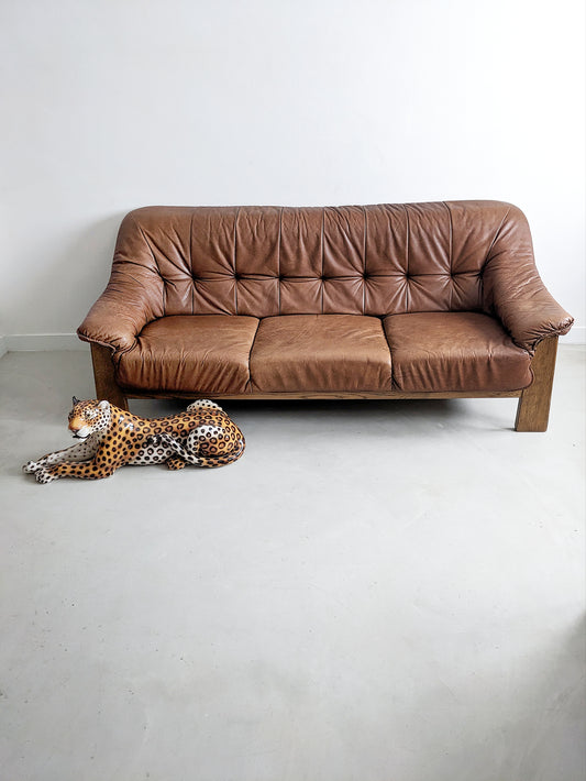 Brutalist Wood & Leather Sofa 1970's