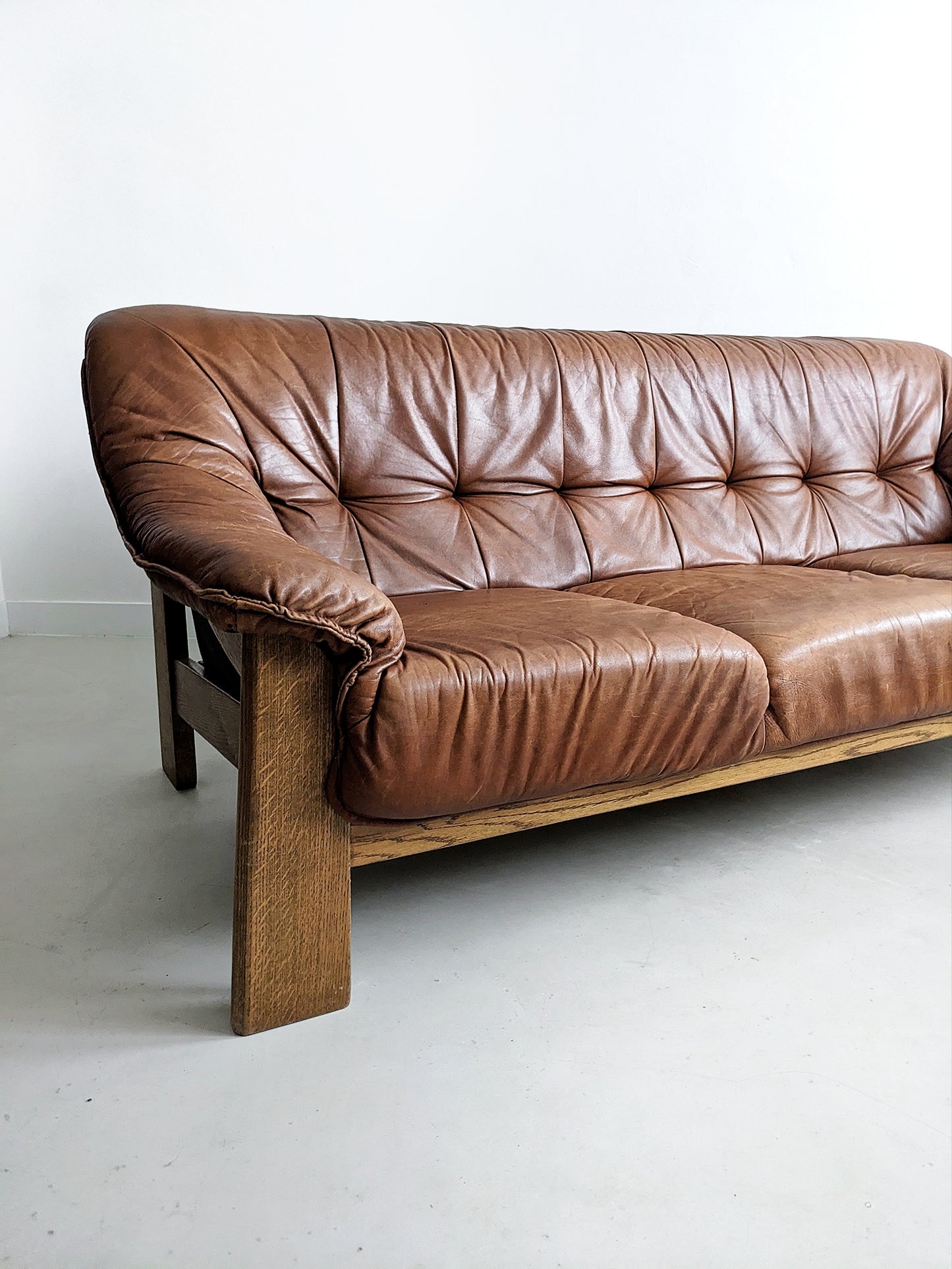 Brutalist Wood & Leather Sofa 1970's