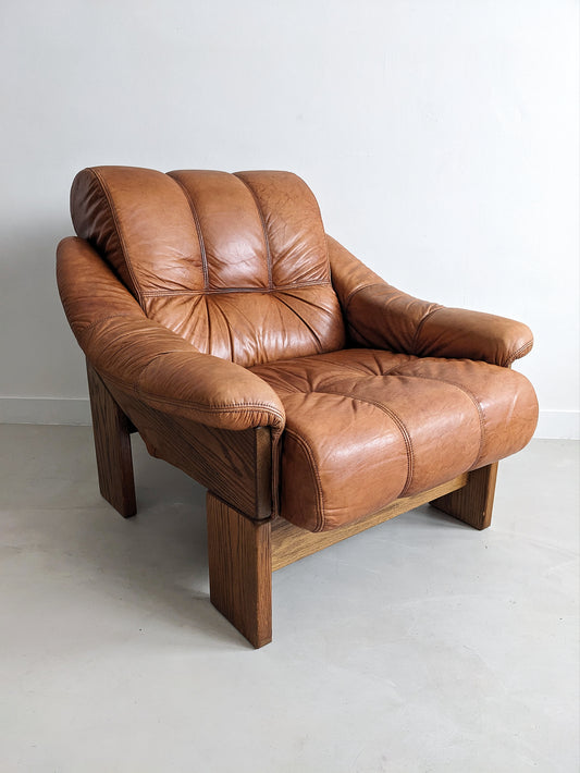 Brutalist Wood & Leather Armchair from 1970 Germany. Vintage design.