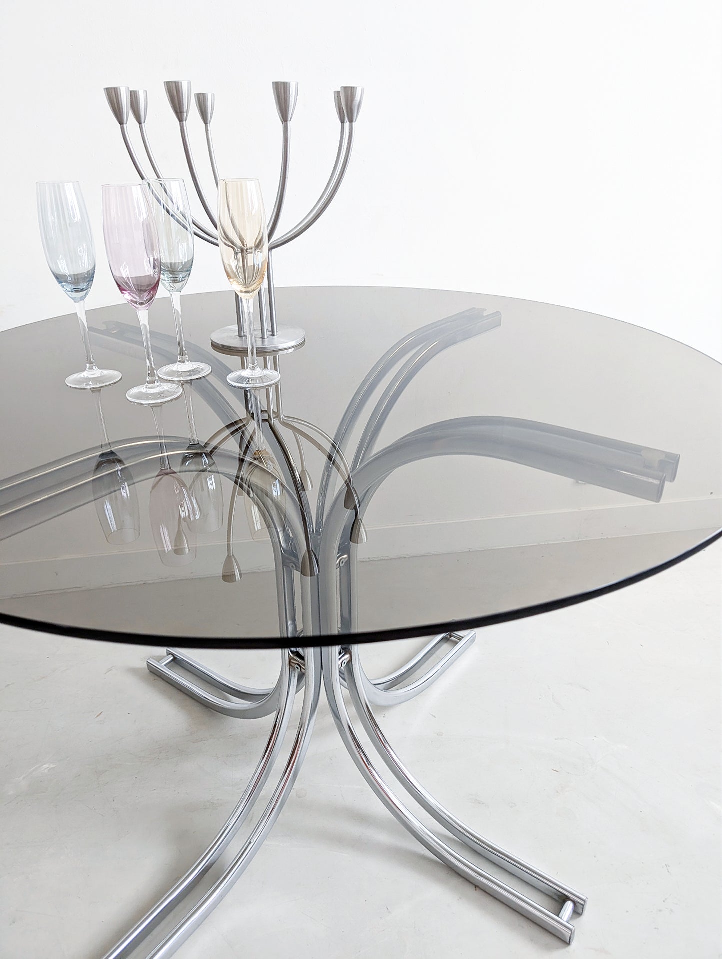 Italian Chrome & Smoked Glass Dining Table 1970's
