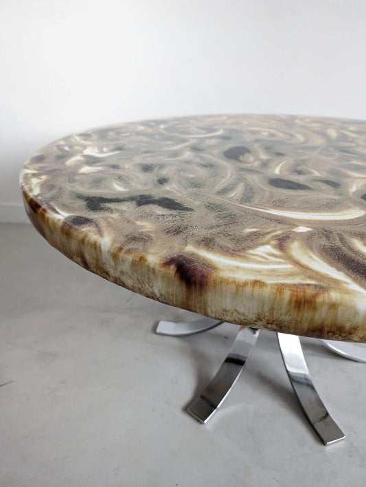 Round Coffee Table with Chrome Base and Ceramic Top 1970s