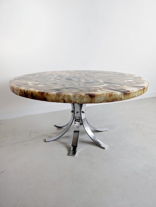 Round Coffee Table with Chrome Base and Ceramic Top 1970s