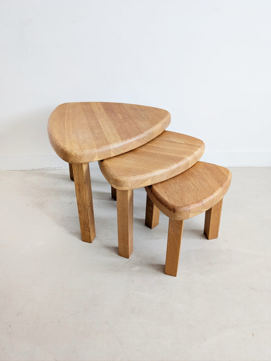 Set of 3 Oak Wood Nesting Tables 1970s