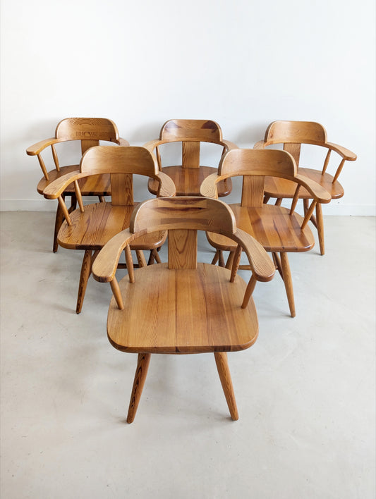 Set of 6 Pine Wood Dining Chairs by Asko Finland 1970s