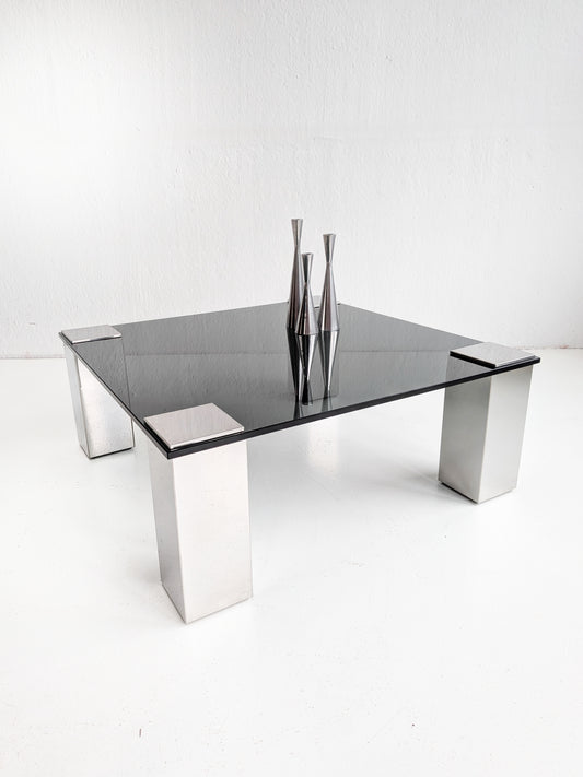 Italian Coffee Table with Smoked Glass Top & Mirror Legs 1970s