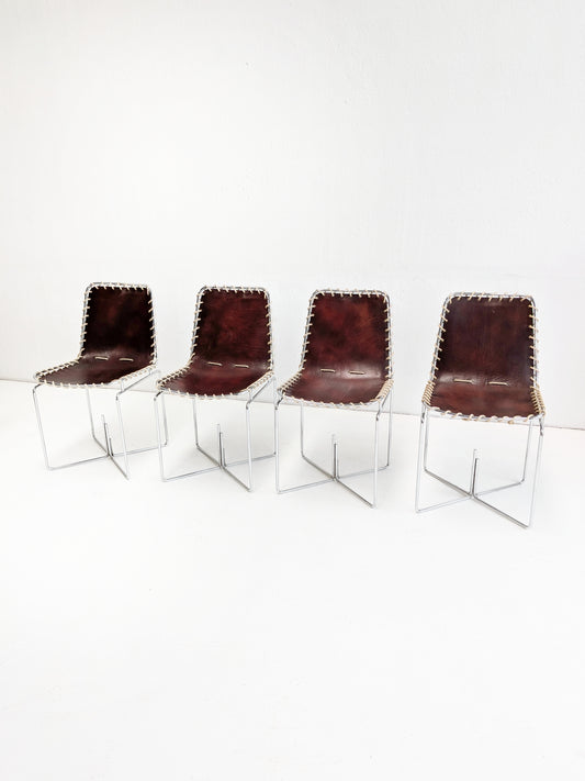 Set of 4 Italian Modern Leather Sling Back Chairs 1970s