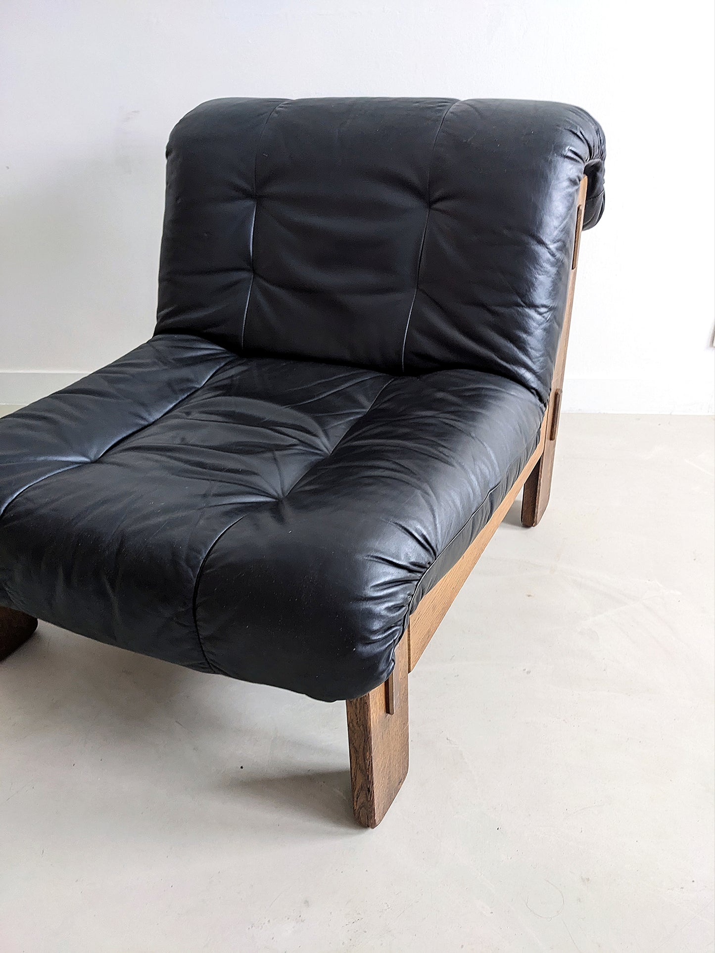 Brutalist Black Leather Lounge Chair 1960's
