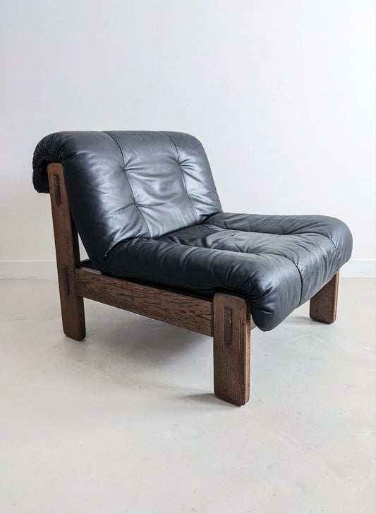 Brutalist Black Leather Lounge Chair 1960's