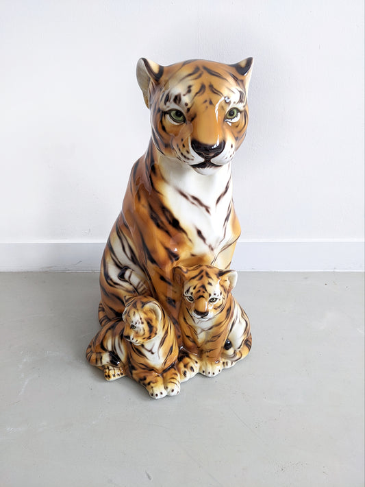 Capodimonte Vintage Italian design Ceramic or Porcelain Tiger with Cubs 1980's