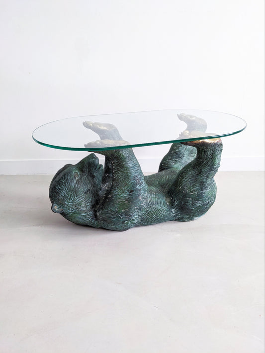 Bronze & glass bear coffee table or side table. Vintage design. Green and brass