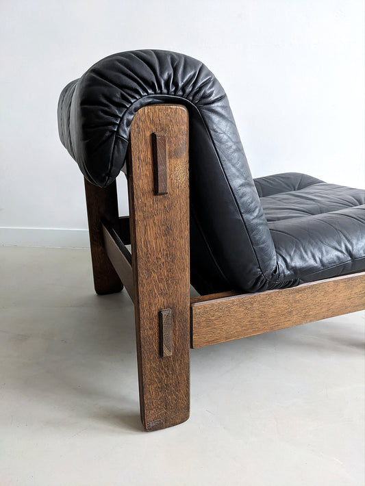 Brutalist Black Leather Lounge Chair 1960's