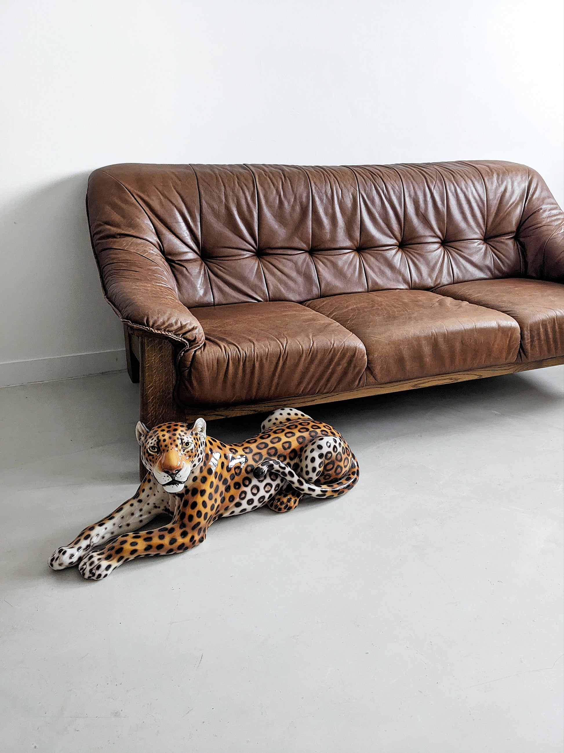 Brutalist Wood & Leather Sofa. German vintage design from the seventies. Brown, camel leather