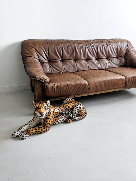 Brutalist Wood & Leather Sofa. German vintage design from the seventies. Brown, camel leather