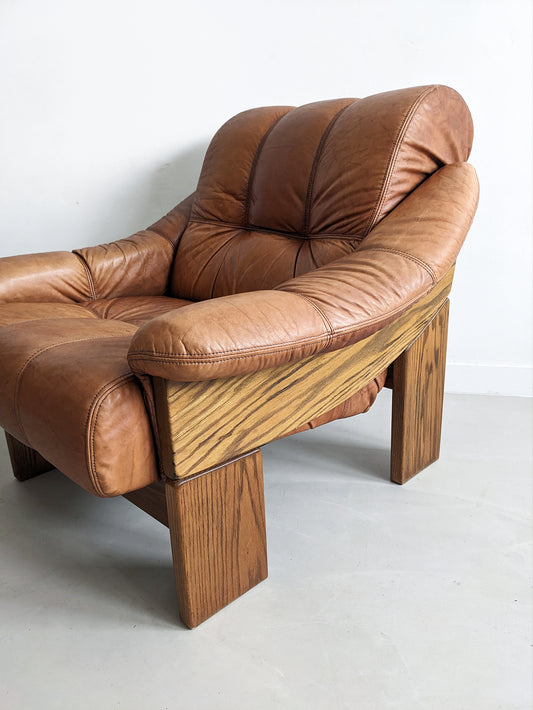 Brutalist Wood & Leather Armchair 1970's