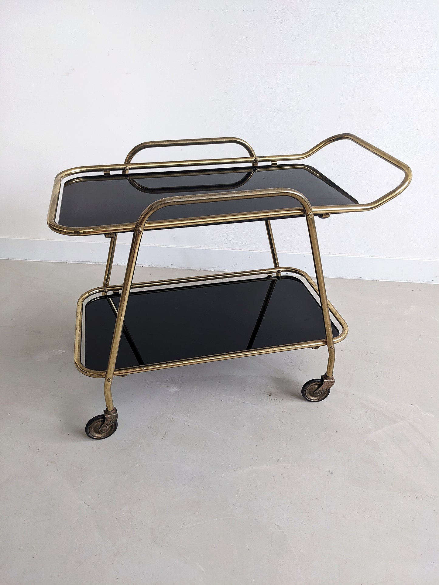 Vintage Brass & Blackened Glass Bar Cart 1960's