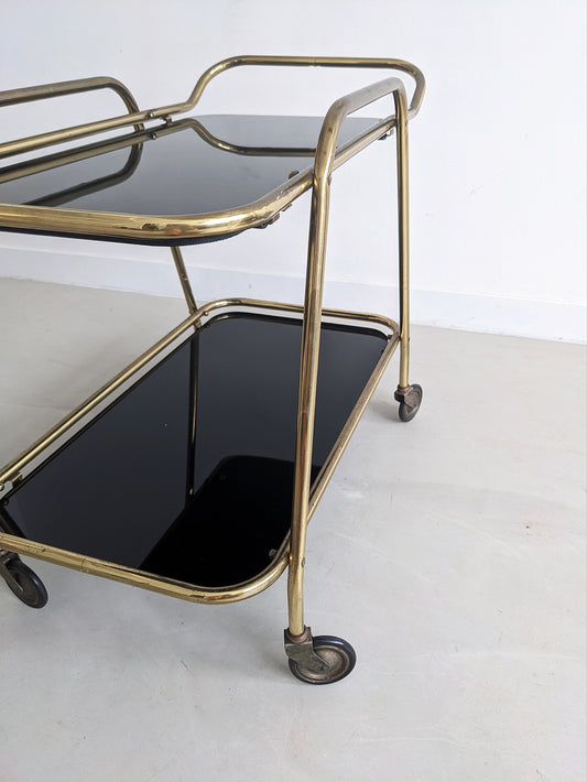 Vintage Brass & Blackened Glass Bar Cart 1960's