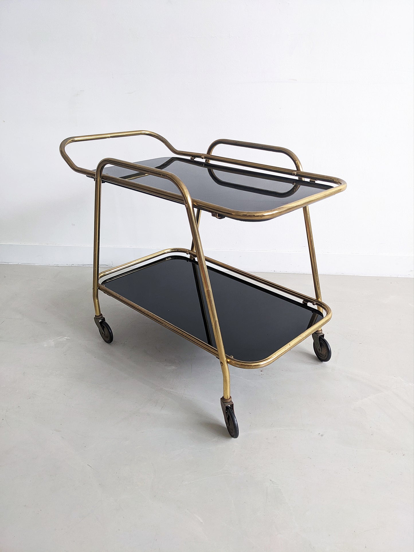 Vintage Brass & Blackened Glass Bar Cart 1960's
