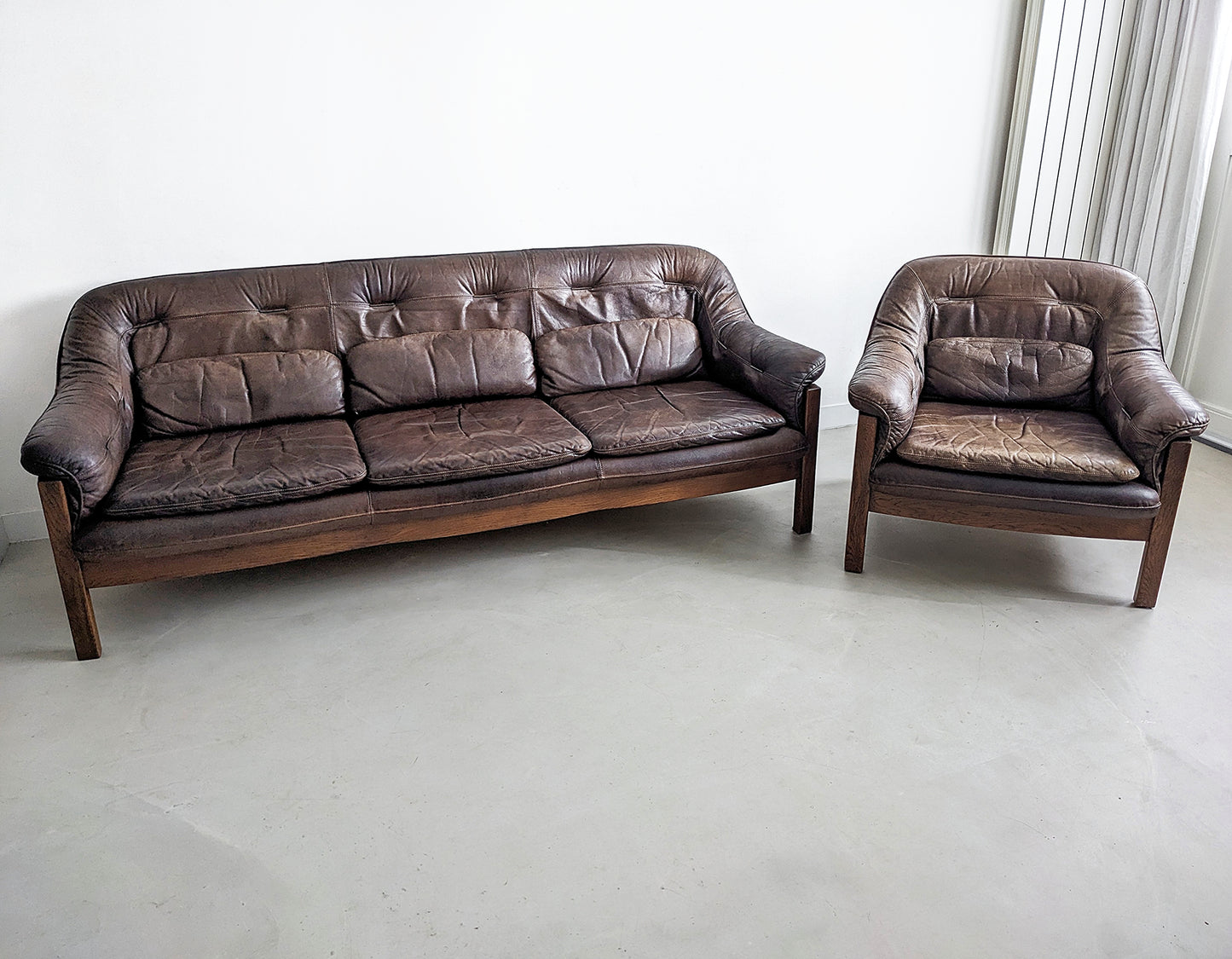 Brutalist Set of Leather Sofa & Loungechair by Hain & Thome 1970's
