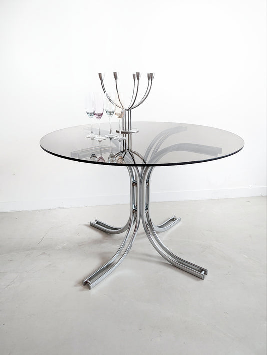 Italian Chrome & Smoked Glass Dining Table 1970's