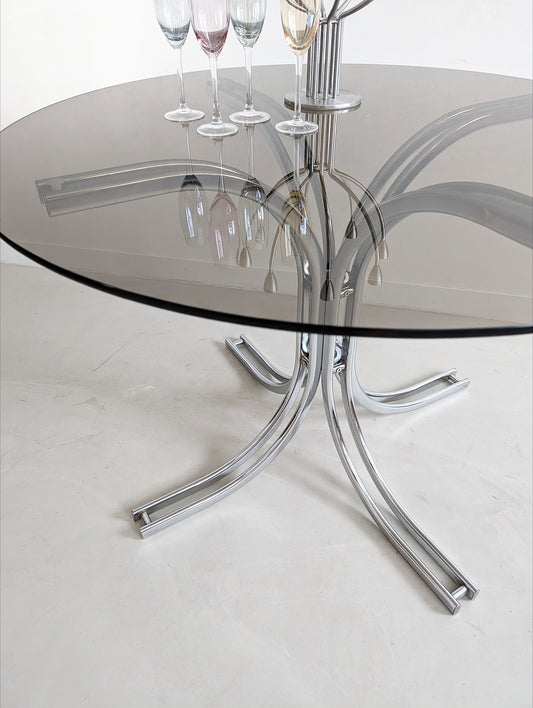 Italian Chrome & Smoked Glass Dining Table 1970's