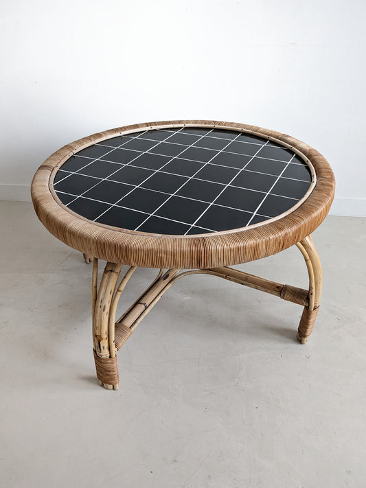 Round Black Tiled Rattan Coffee table 1960s