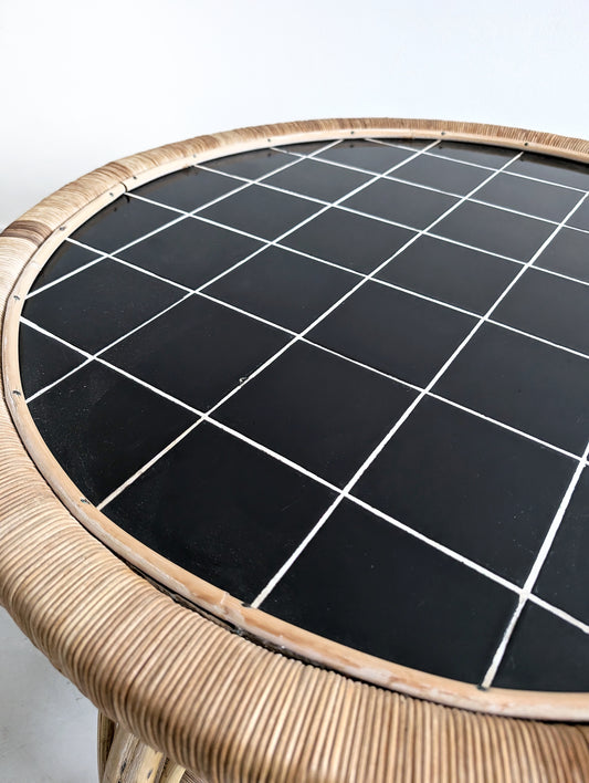 Round Black Tiled Rattan Coffee table 1960s