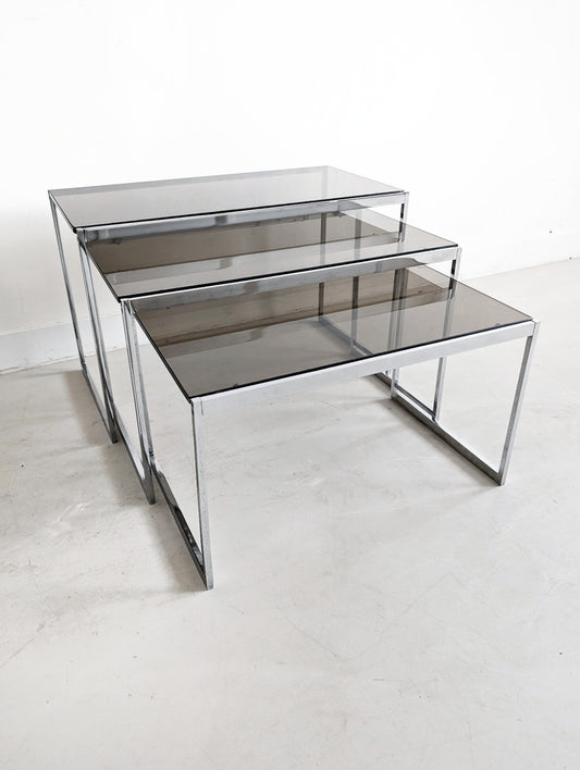 Set of 3 Chrome & Glass Nesting Tables 1970s