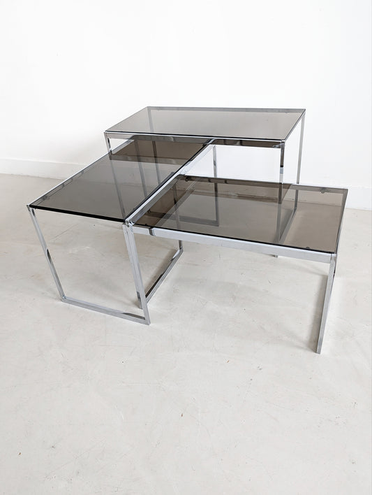 Set of 3 Chrome & Glass Nesting Tables 1970s