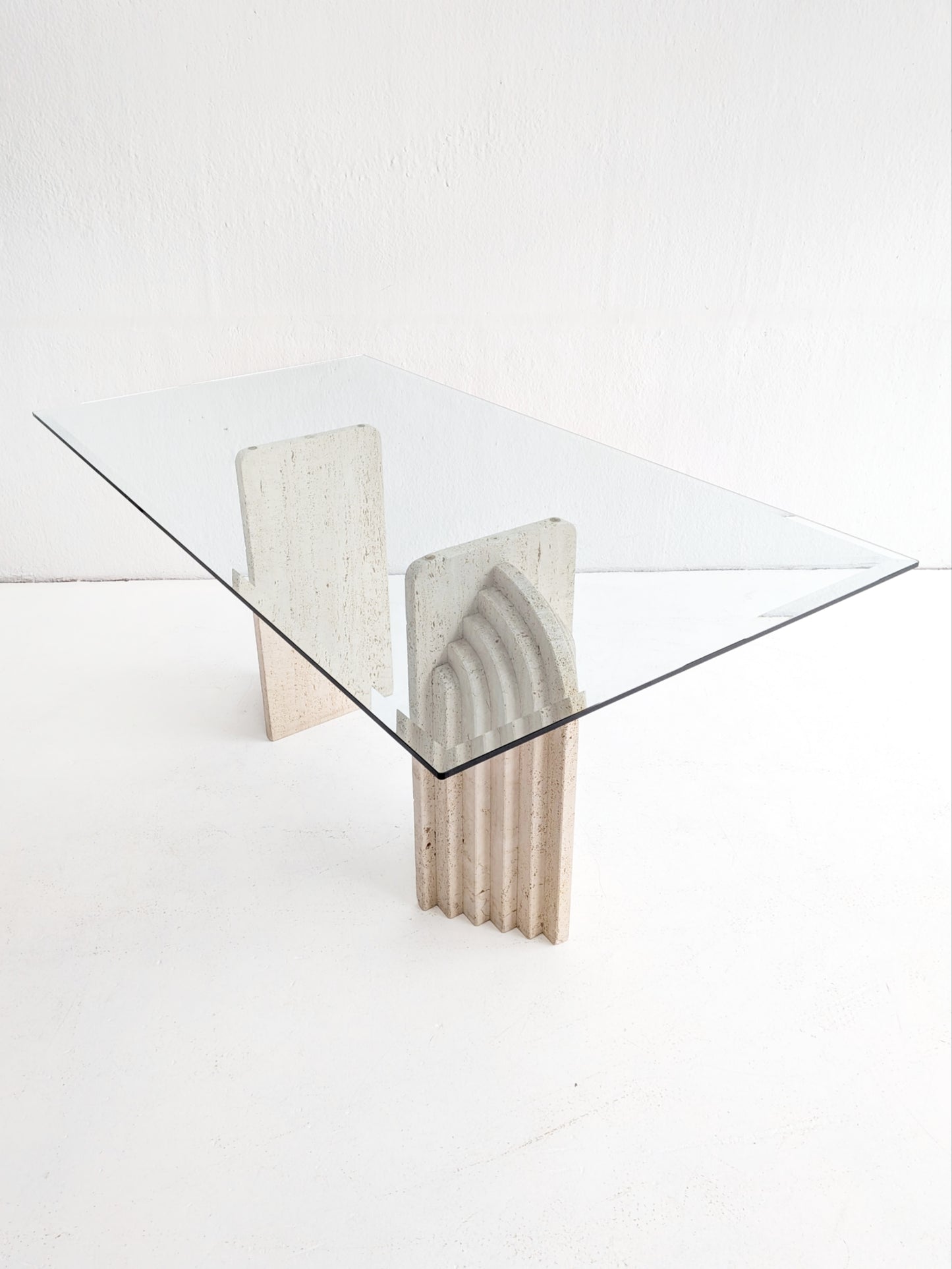Travertine & Glass Dining Table with Sculpted Legs 1970s
