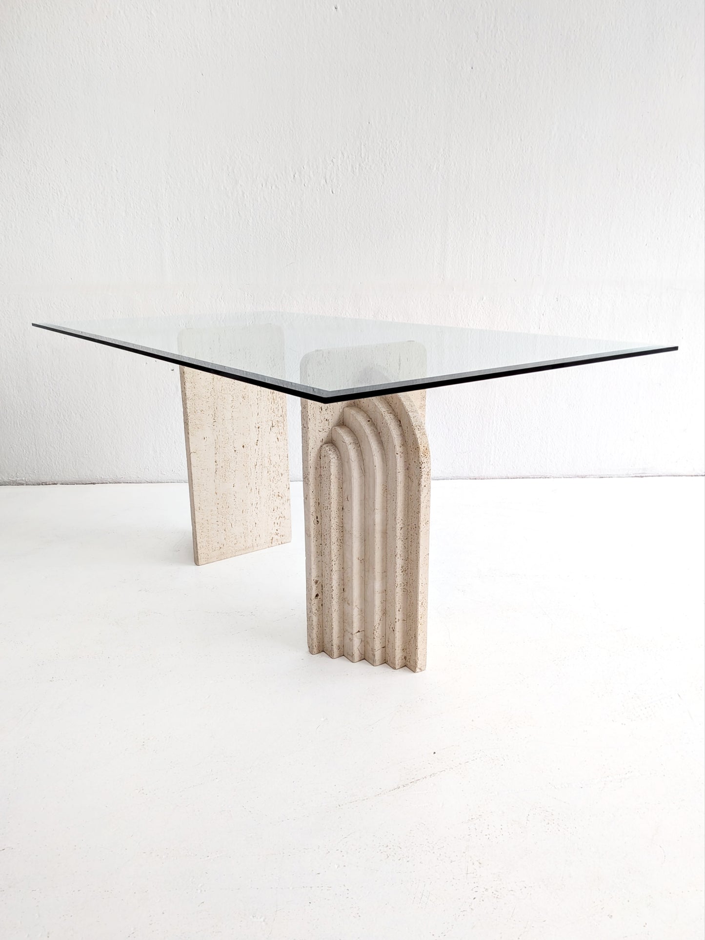 Travertine & Glass Dining Table with Sculpted Legs 1970s