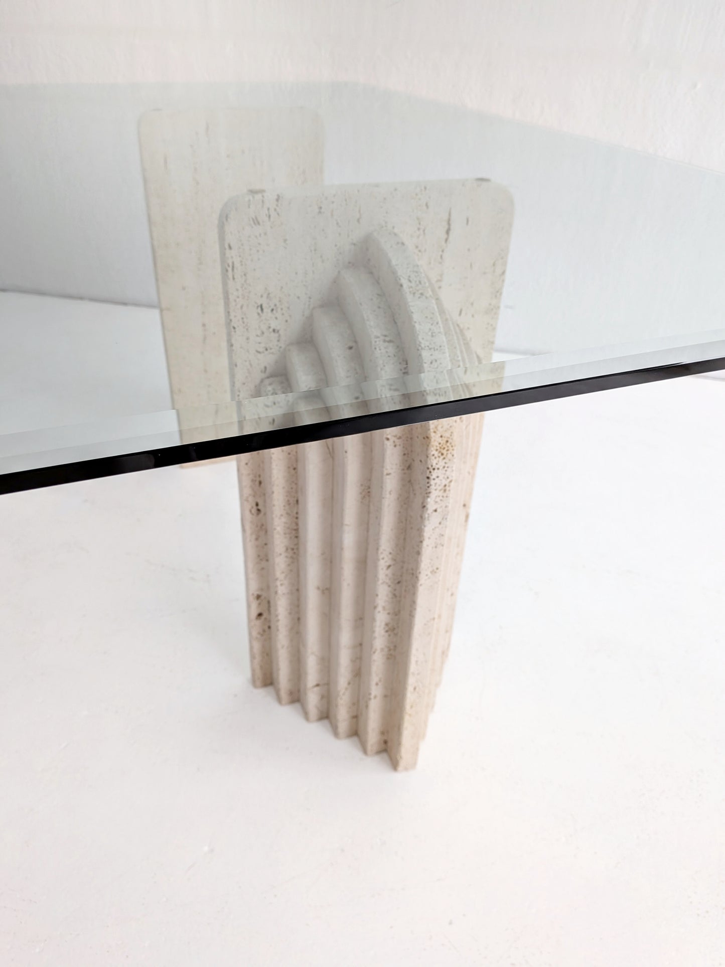 Travertine & Glass Dining Table with Sculpted Legs 1970s