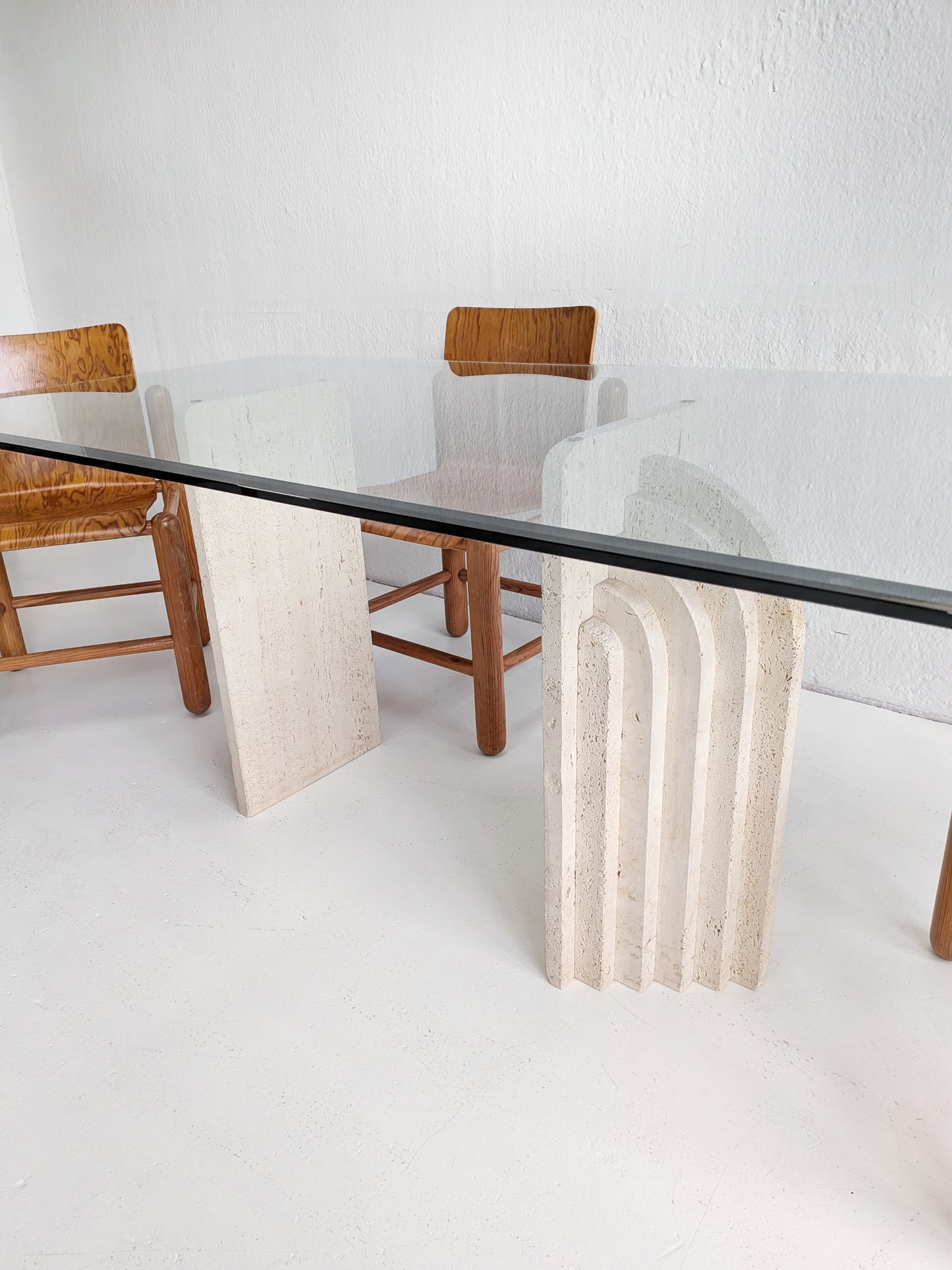 Travertine & Glass Dining Table with Sculpted Legs 1970s