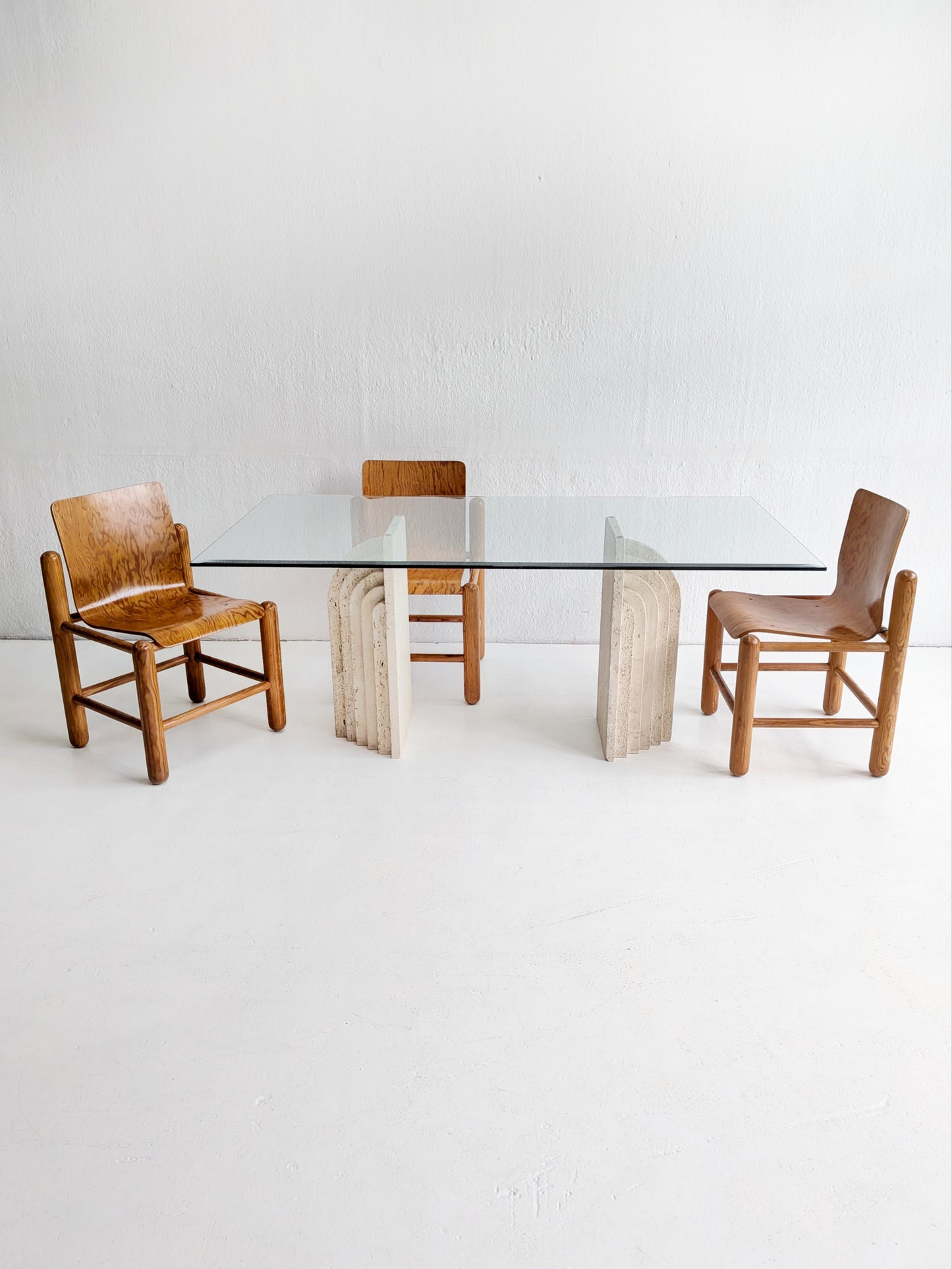 Travertine & Glass Dining Table with Sculpted Legs 1970s
