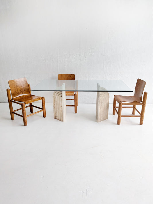 Travertine & Glass Dining Table with Sculpted Legs 1970s