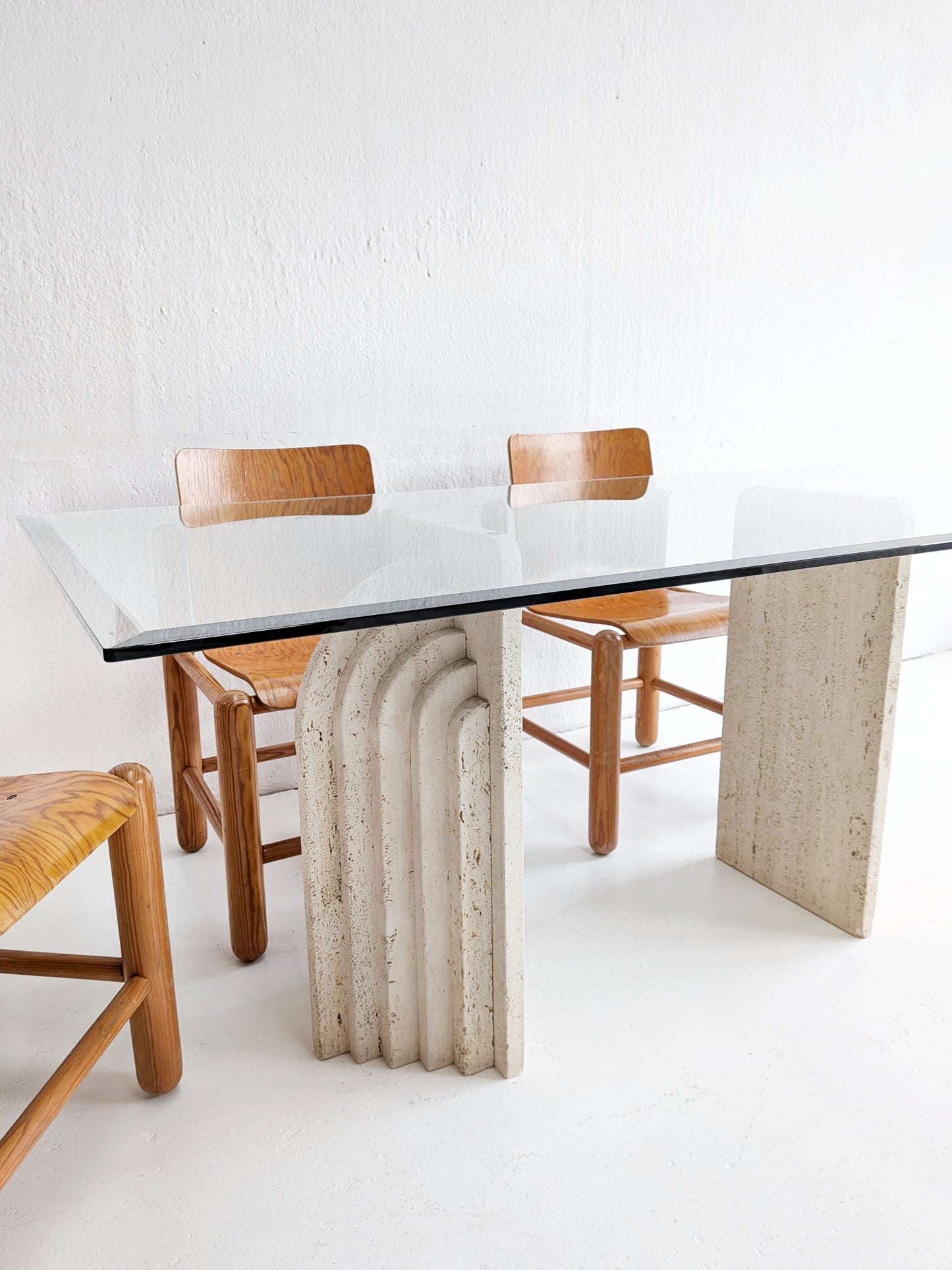 Travertine & Glass Dining Table with Sculpted Legs 1970s