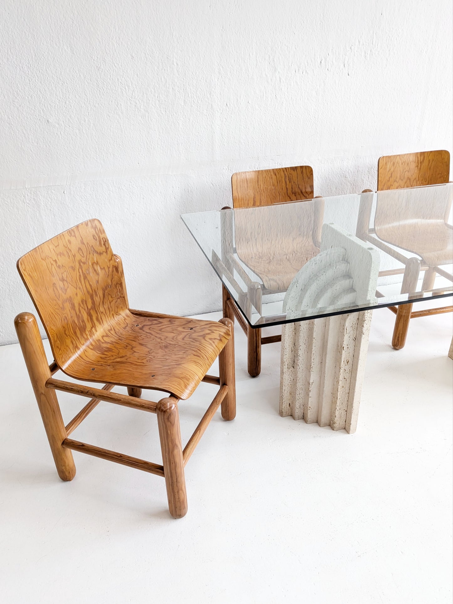 Travertine & Glass Dining Table with Sculpted Legs 1970s