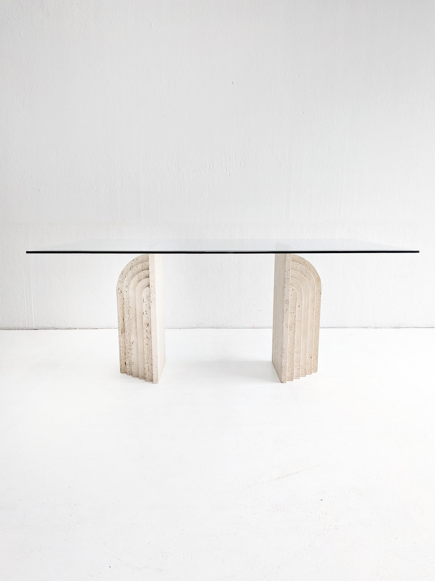 Travertine & Glass Dining Table with Sculpted Legs 1970s