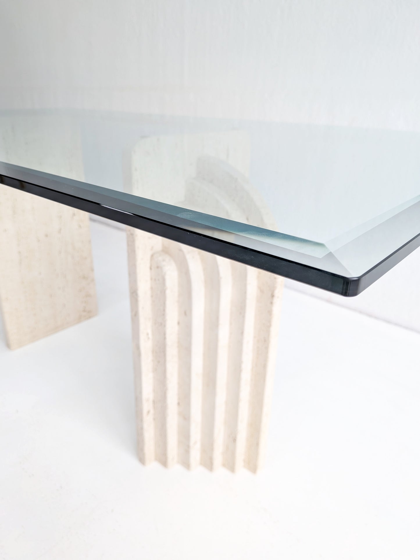 Travertine & Glass Dining Table with Sculpted Legs 1970s