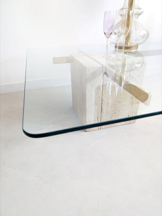 Brass & Travertine Coffee Table by Artedi