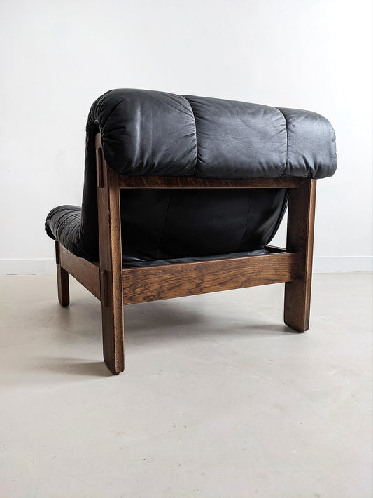 Brutalist Black Leather Lounge Chair 1960's